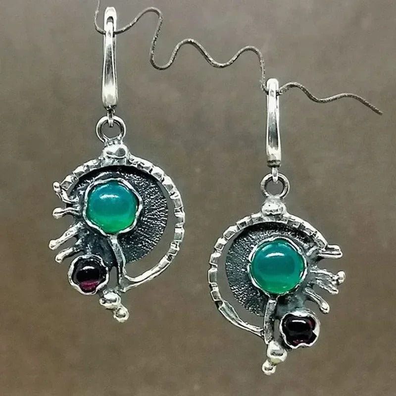 Textured Silver & Emerald Dangle Earrings