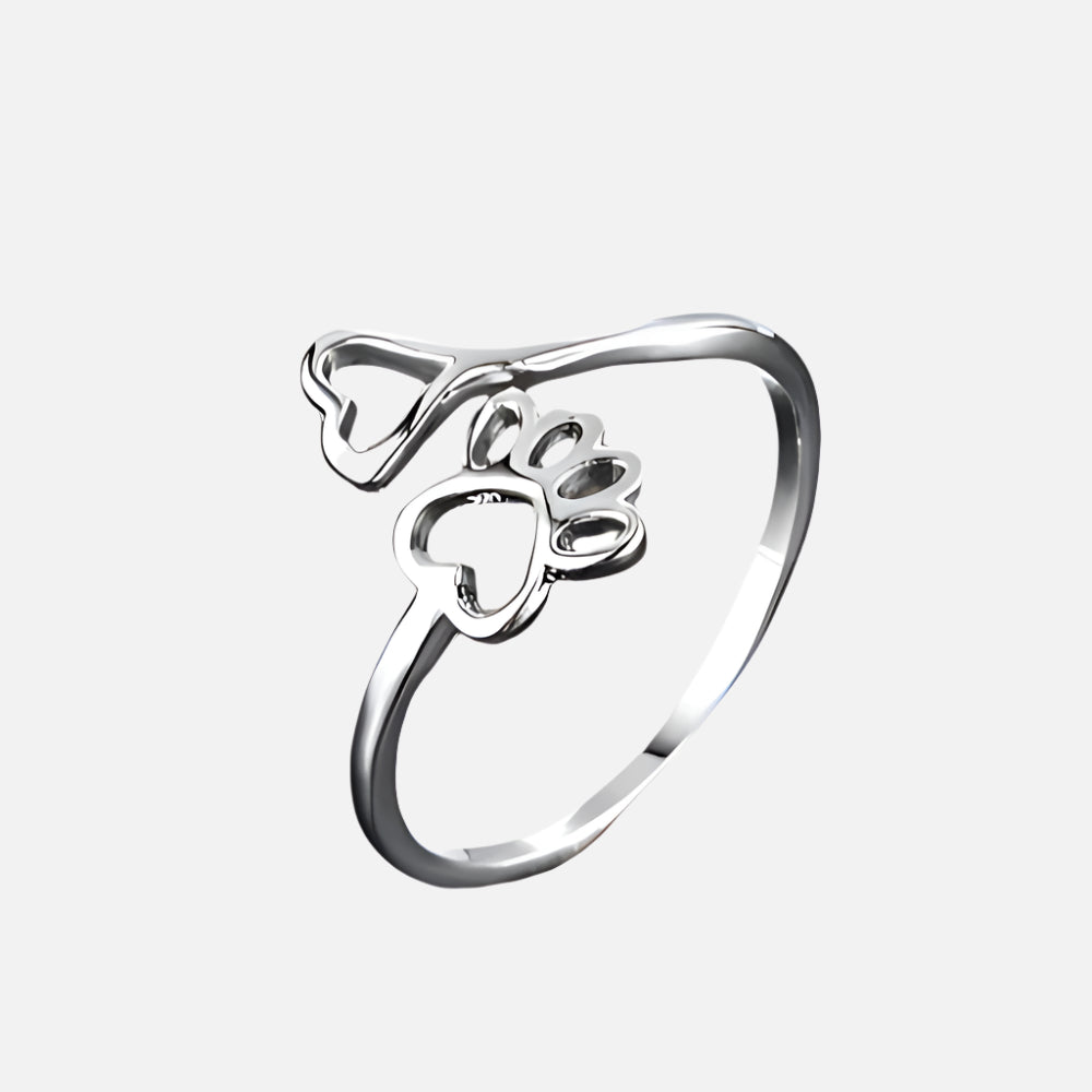 Adjustable Paw & Heart Silver Ring