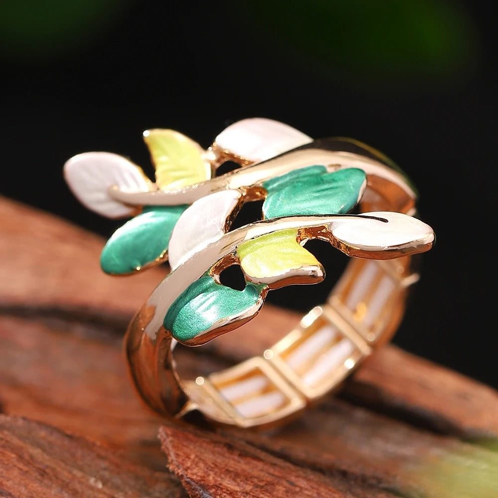 Vintage Green & Yellow Leaf Gold Adjustable Ring